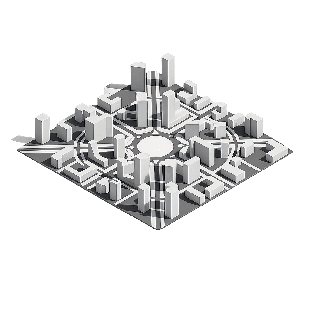 A futuristic, monochrome 3D city model with symmetrical layout. Skyscrapers radiate from a central circular hub, connected by straight roads, on a black background.