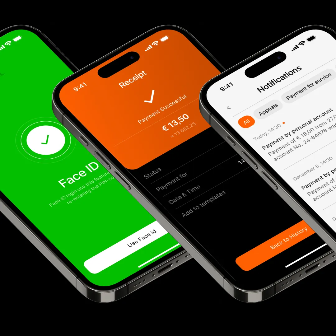 Mobile app UI mockup with payment receipt, notifications, and Face ID authentication screens