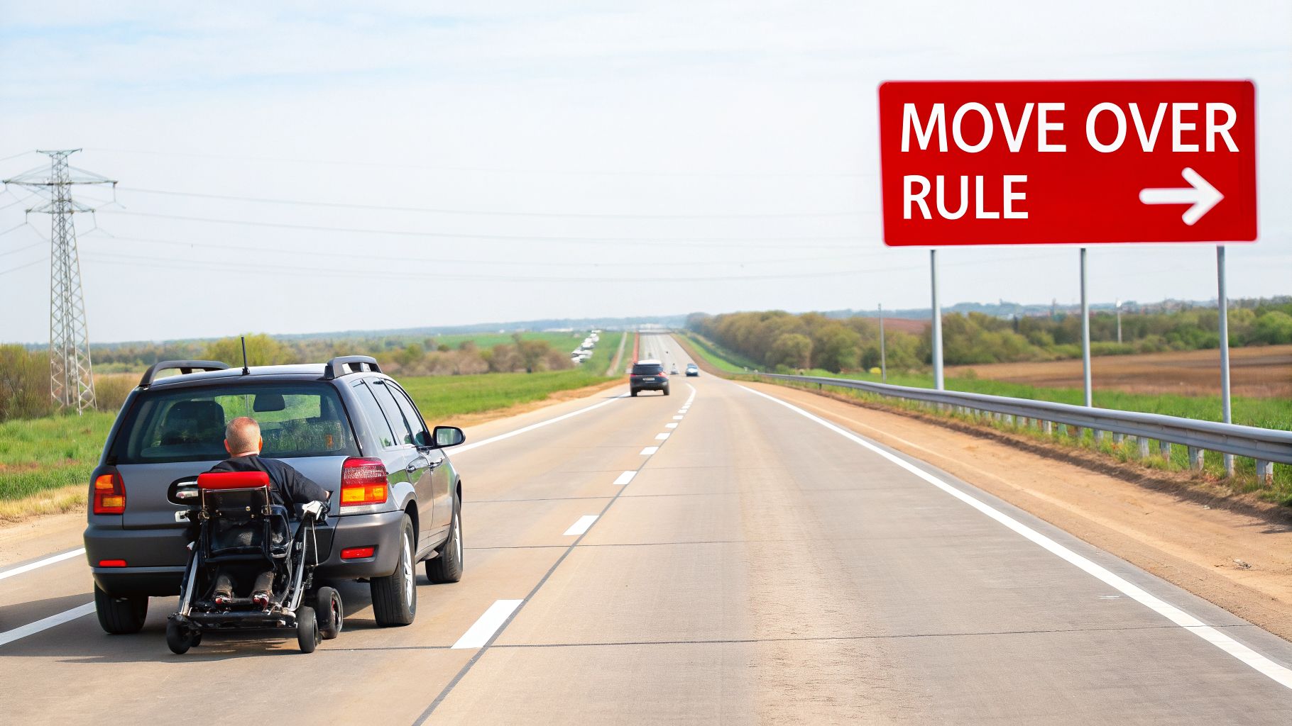 Person in a wheelchair with an SUV on a highway shoulder next to a 'Move Over Rule' sign.