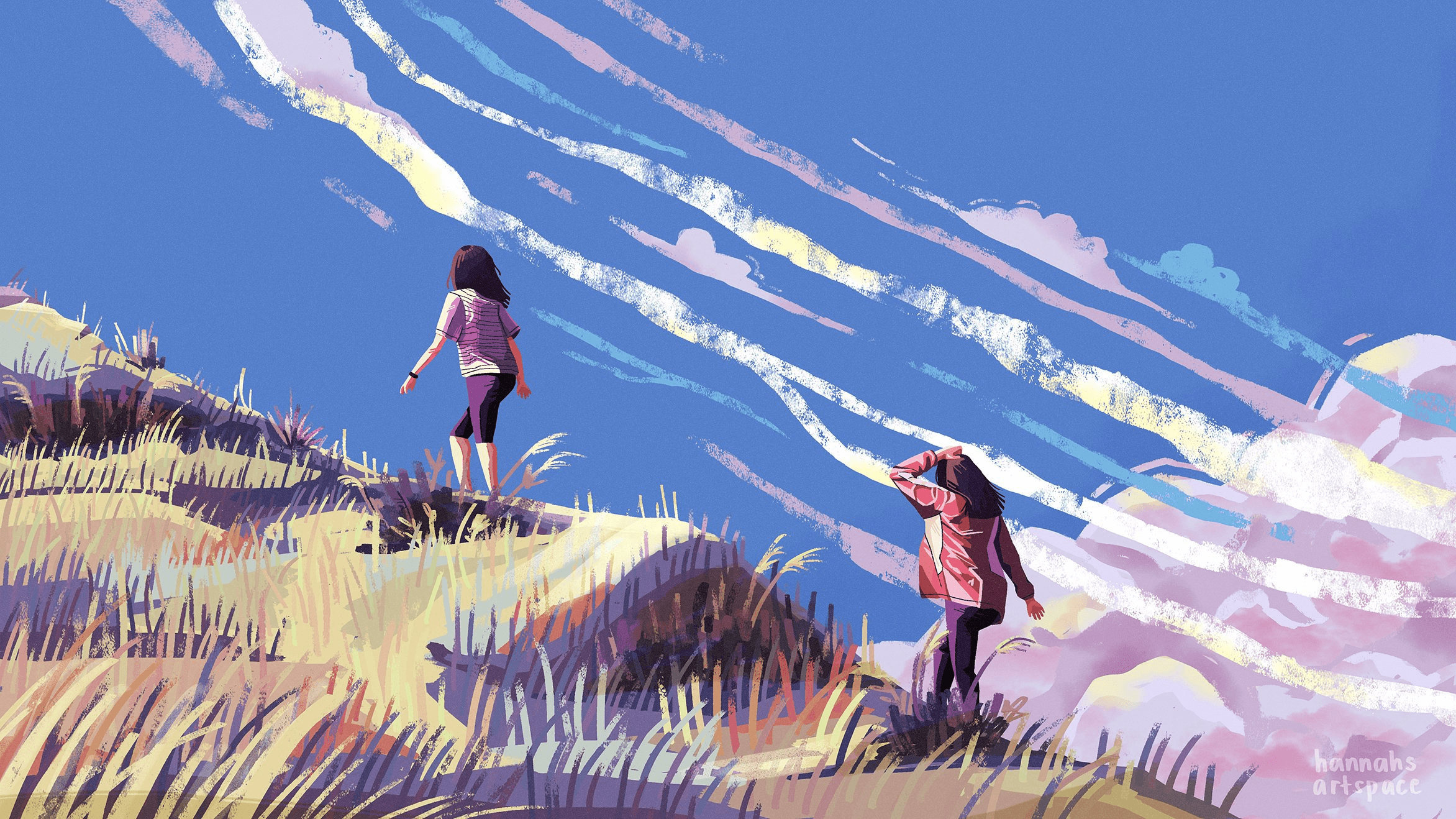 Illustration of two hikers traversing golden hillsides beneath a stylized sky with flowing blue, pink, and white striped clouds.
