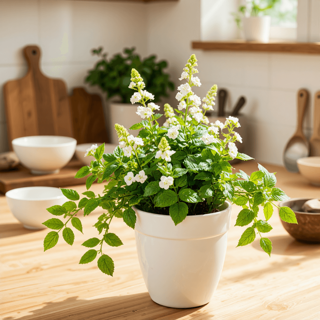 product photography of a potted herb plant with white flowers
