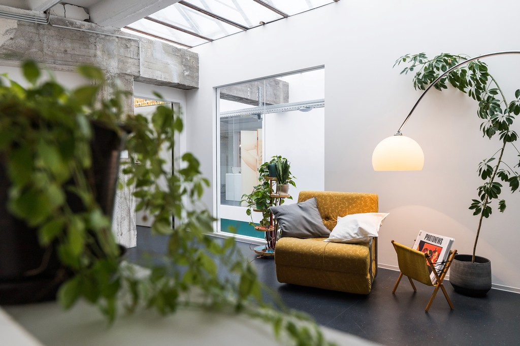 Lichtdurchfluteter Lounge-Bereich im Wytspace Studio in Erfurt mit Pflanzen und modernem Interieur, verfügbar zur Vermietung für eine inspirierende Atmosphäre.