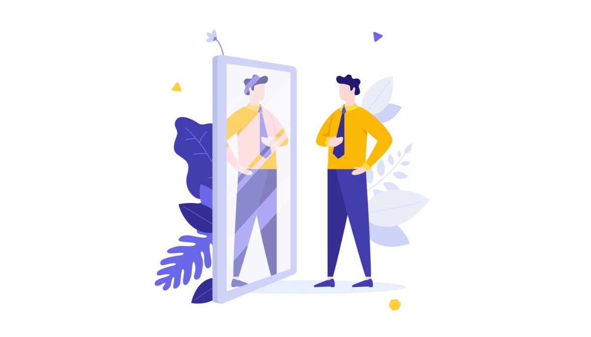 Illustration of a person standing in front of a mirror wearing a yellow shirt and blue tie—symbolizing personal presentation and the concept of dress codes, from casual to formal attire.