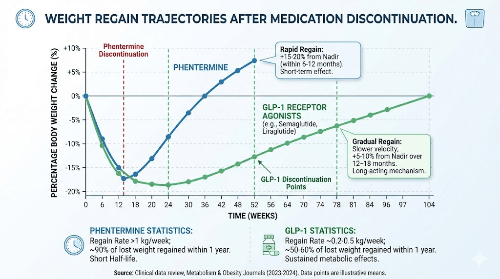 Weight regain comparison after stopping phentermine versus GLP-1 medications