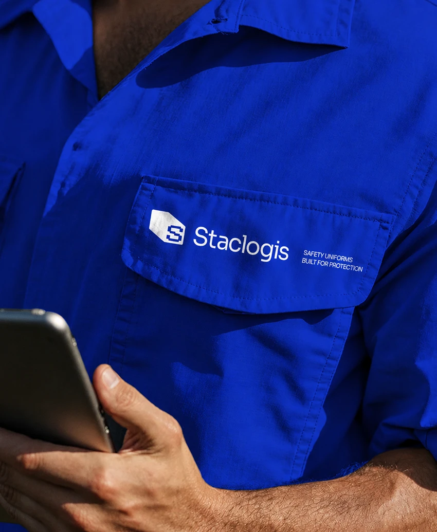 Close-up of a worker in a blue Staclogis uniform shirt with the white logo on the pocket, holding a tablet.