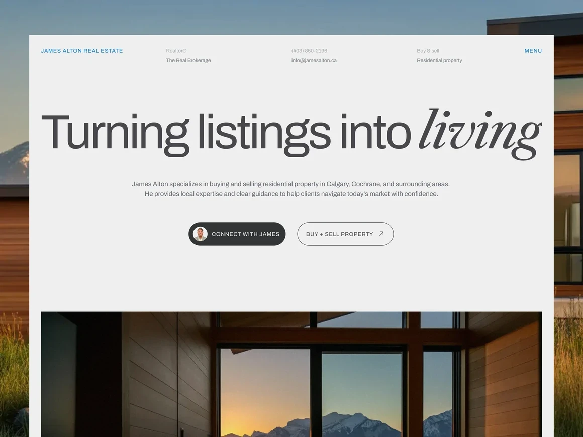 James Alton Real Estate homepage headlined Turning listings into living over a sunset home photo.