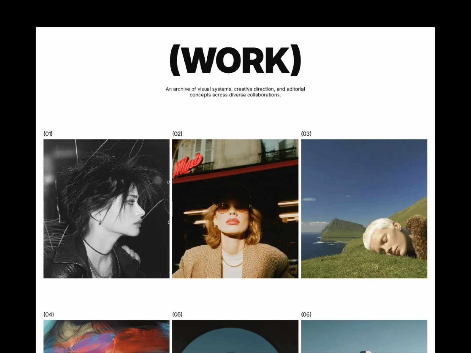 Website "Work" section featuring a minimalist heading and a grid of various artistic photography thumbnails.