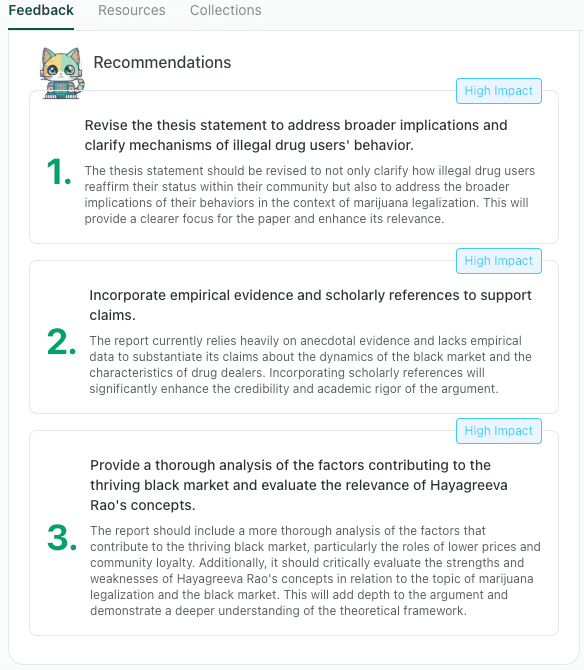 Screenshot of thesify feedback on an academic writing draft about marijuana legalization and the black market, showing a recommendation to evaluate the relevance of Hayagreeva Rao’s concepts by analysing their strengths and weaknesses.