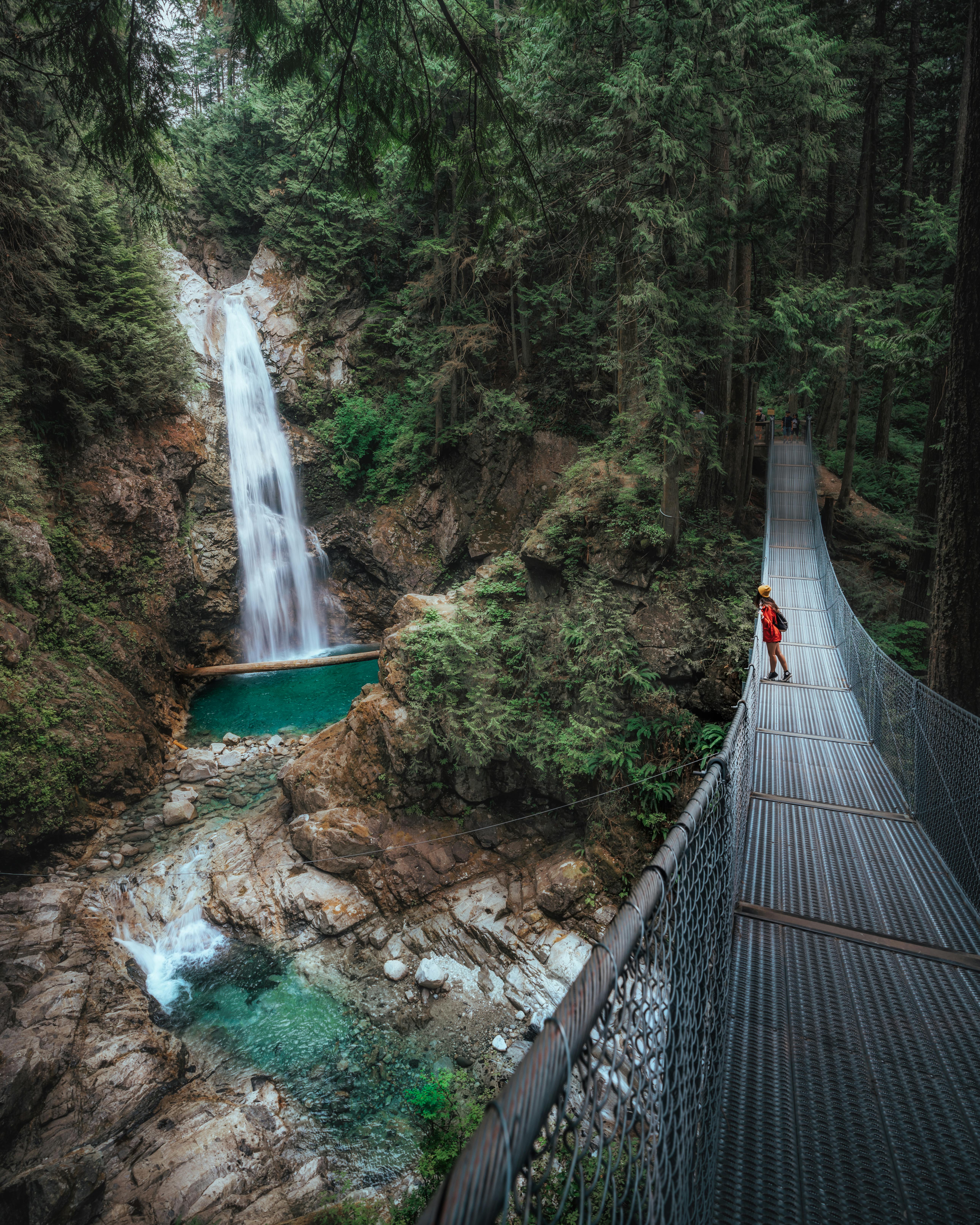 A hiker standing on a metal suspension bridge looking at a turquoise waterfall surrounded by lush forest on a car-free Vancouver transit hike.