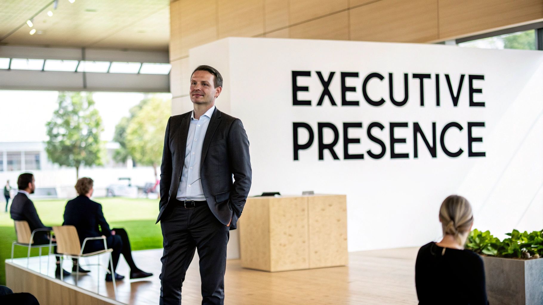 A businessman in a suit stands confidently in front of a wall with