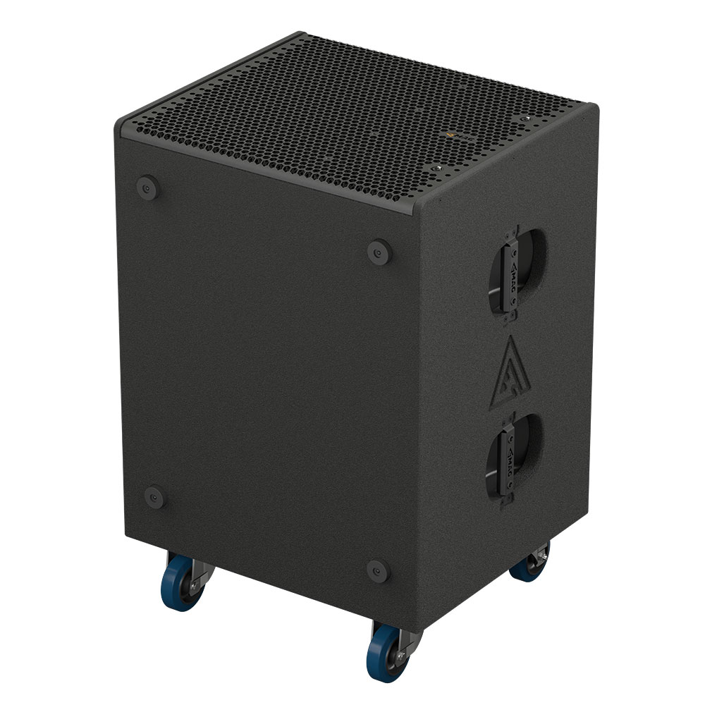 Black speaker on wheels with handles on side