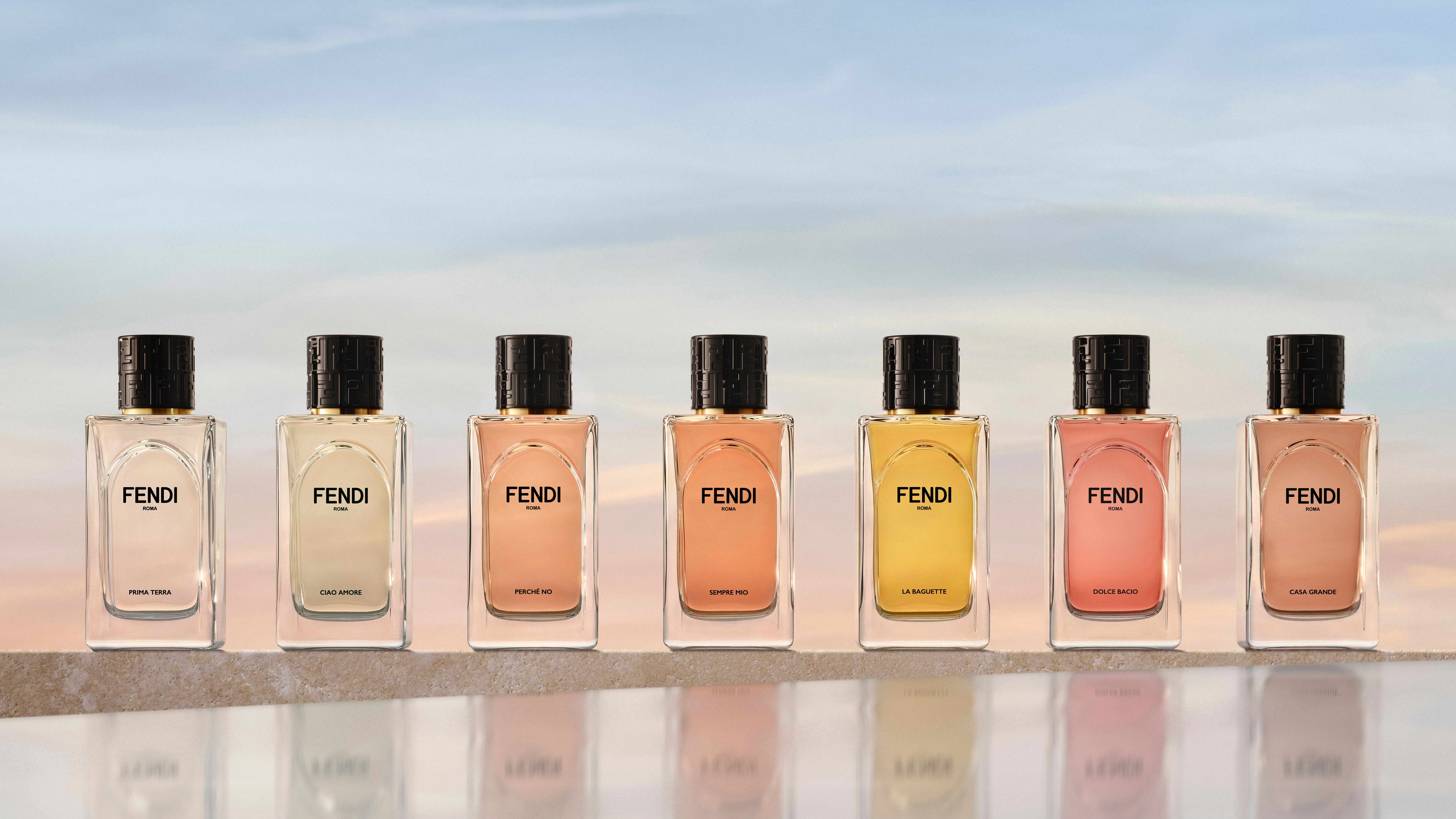 Коллекция духов Fendi: Prima Terra, Ciao Amore, Perché No, Sempre Mio, La Baguette, Dolce Bacio, Casa Grande — флаконы на фоне неба