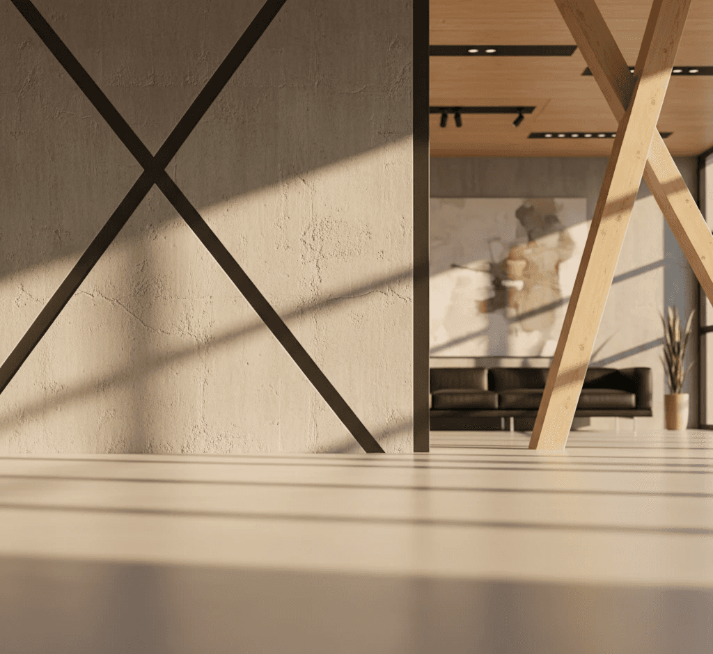 Sunlit modern office interior with exposed wooden beams, concrete walls, and minimal furnishings