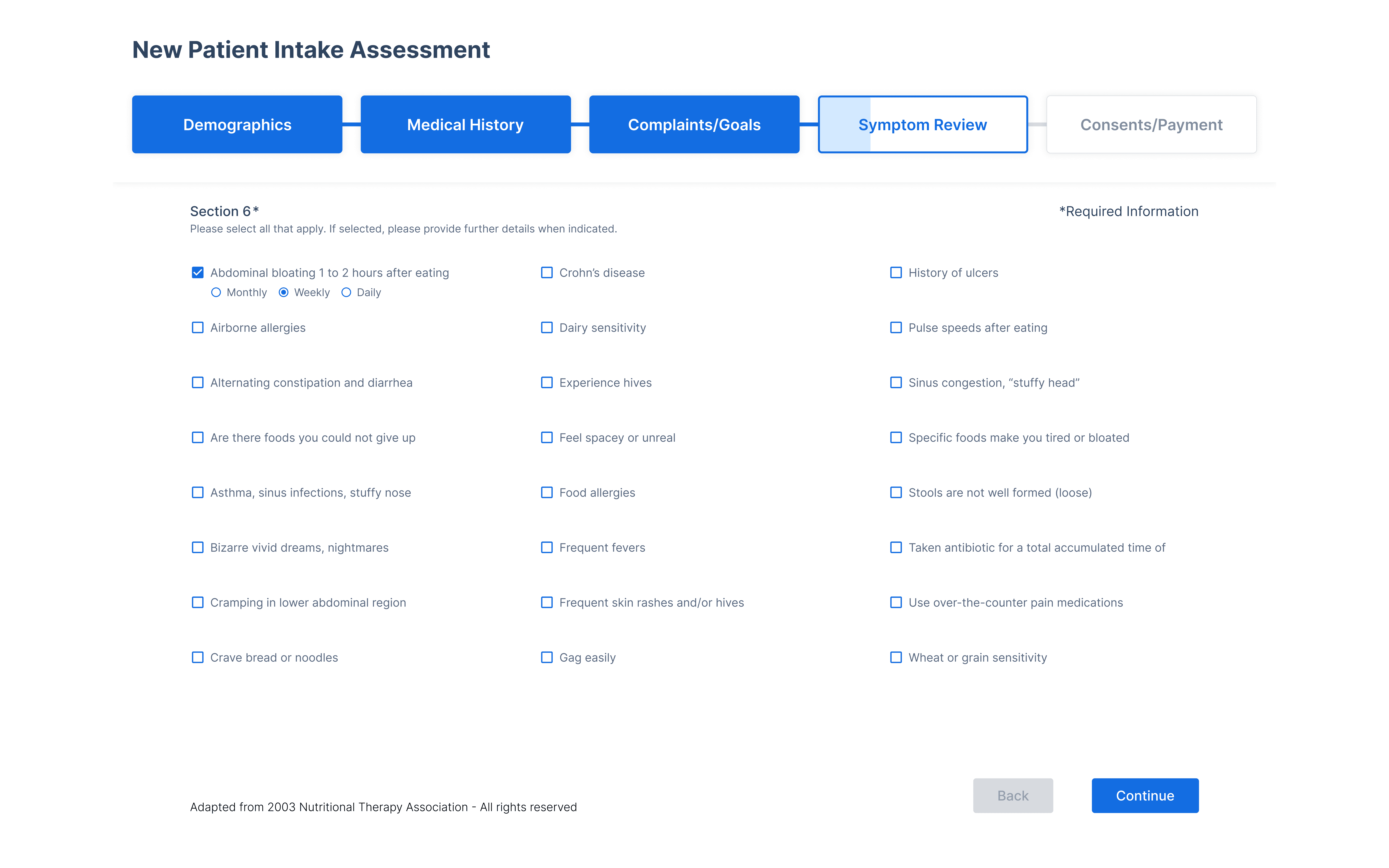 A questionnaire screen within a medical web platform