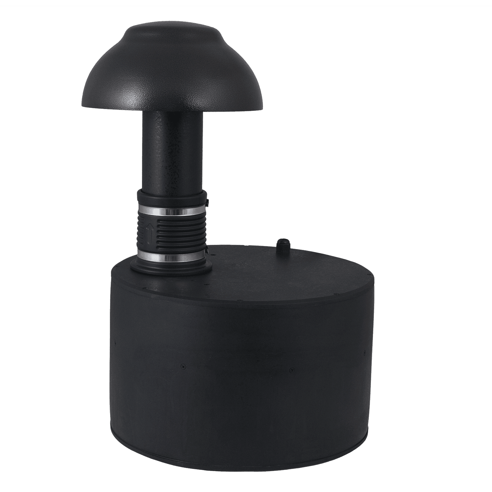 Black mushroom-shaped speaker on a drum base.
