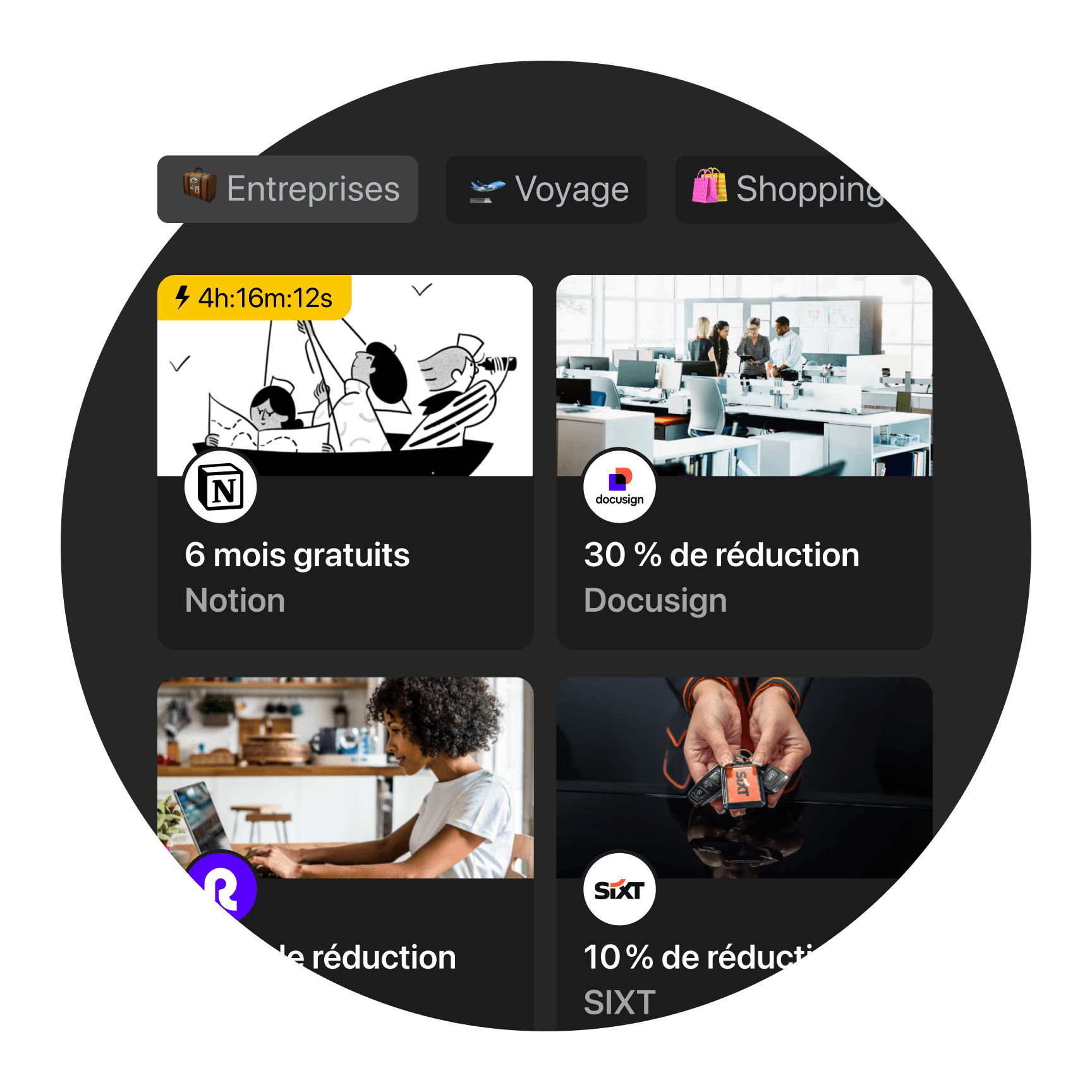 Une interface circulaire affichant diverses options telles que « Voyage » et « Shopping », avec des images et des icônes.