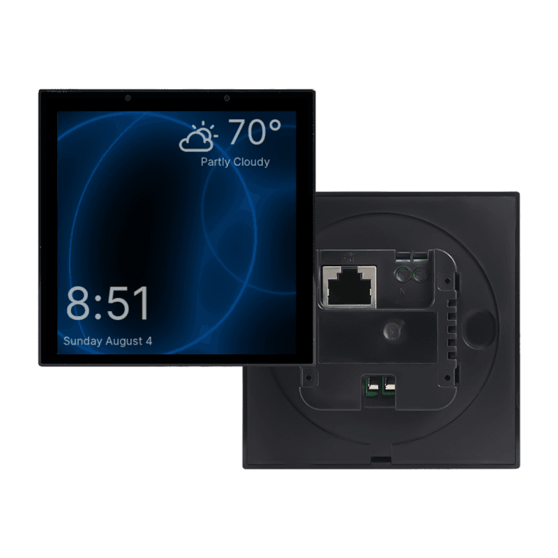Black smart home device with screen showing time and temp