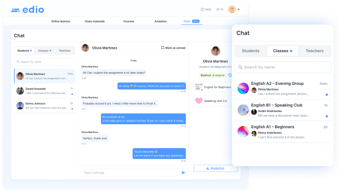 Built-in chat for language schools in edio — messaging with students, teachers and class groups in one platform