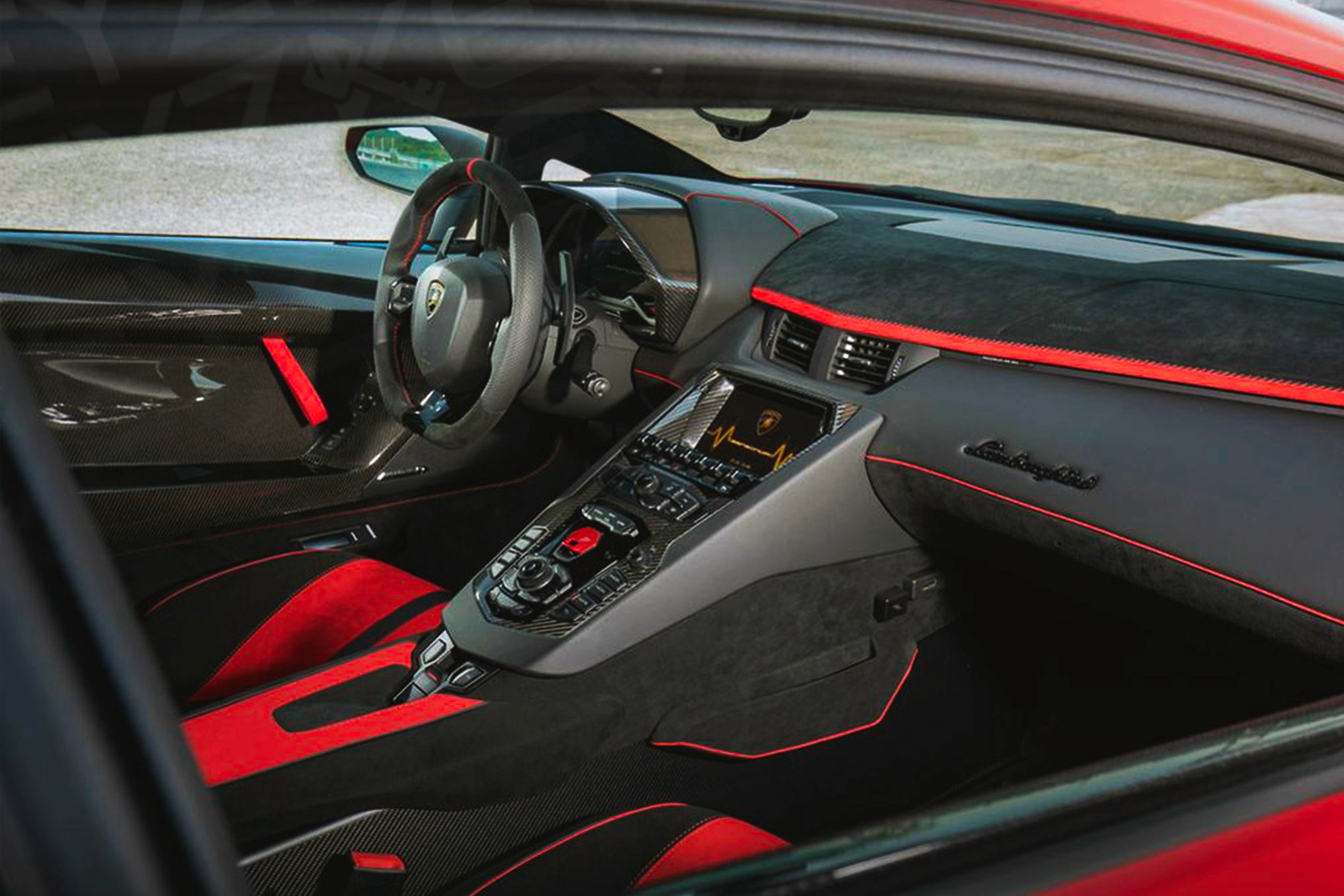 Vue interieur Lamborghini Aventador SVJ Rouge – Location Supercar à Dubaï | Keyz Rent