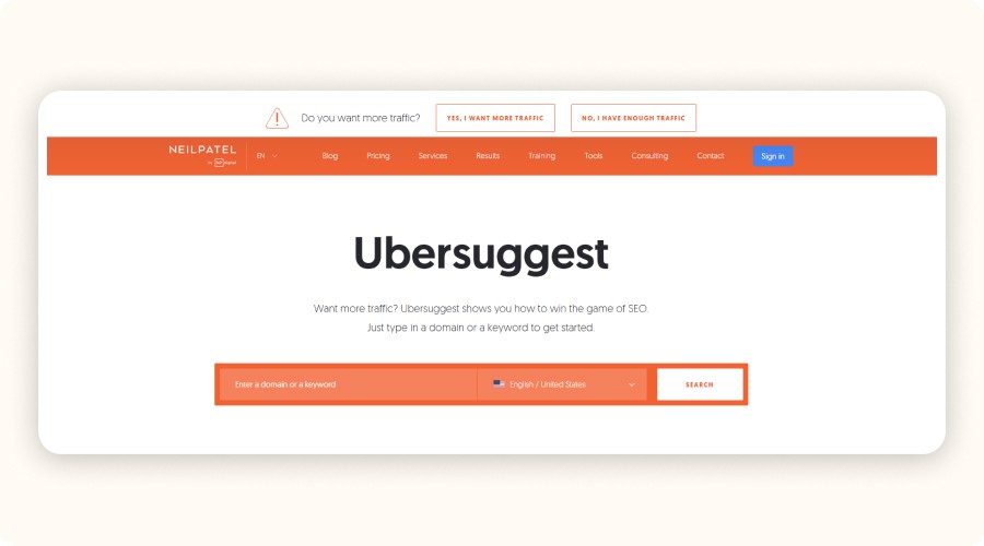 Ubersuggest Home Page 