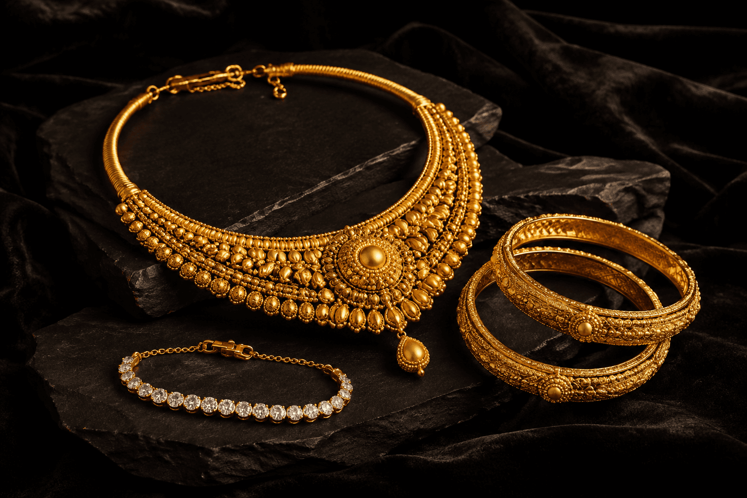 Fine-gold necklace, bangles and diamond bracelet