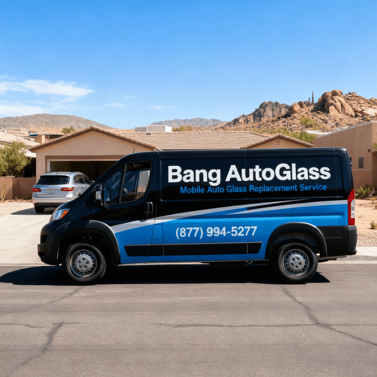 Bang AutoGlass van completing a scheduled windshield service visit at a Fountain Hills, AZ home nestled against the desert hills