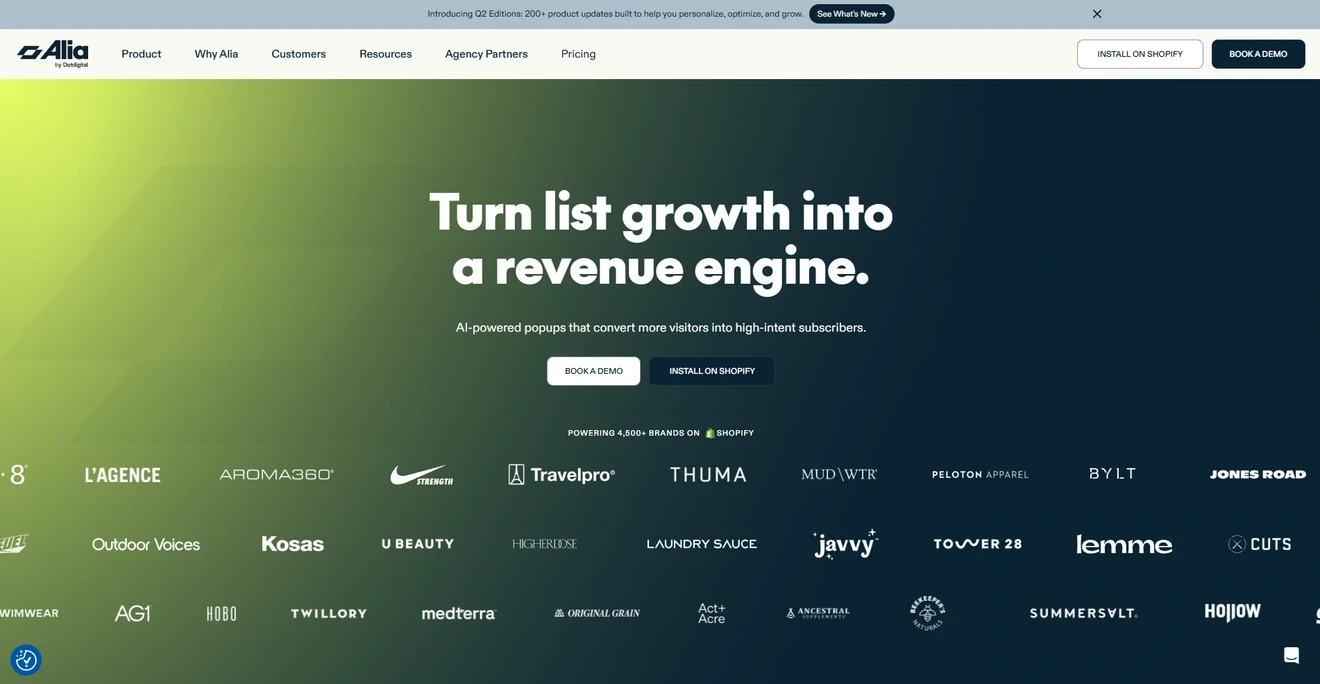 Alia homepage showing Shopify email and SMS capture popups with AI optimization.