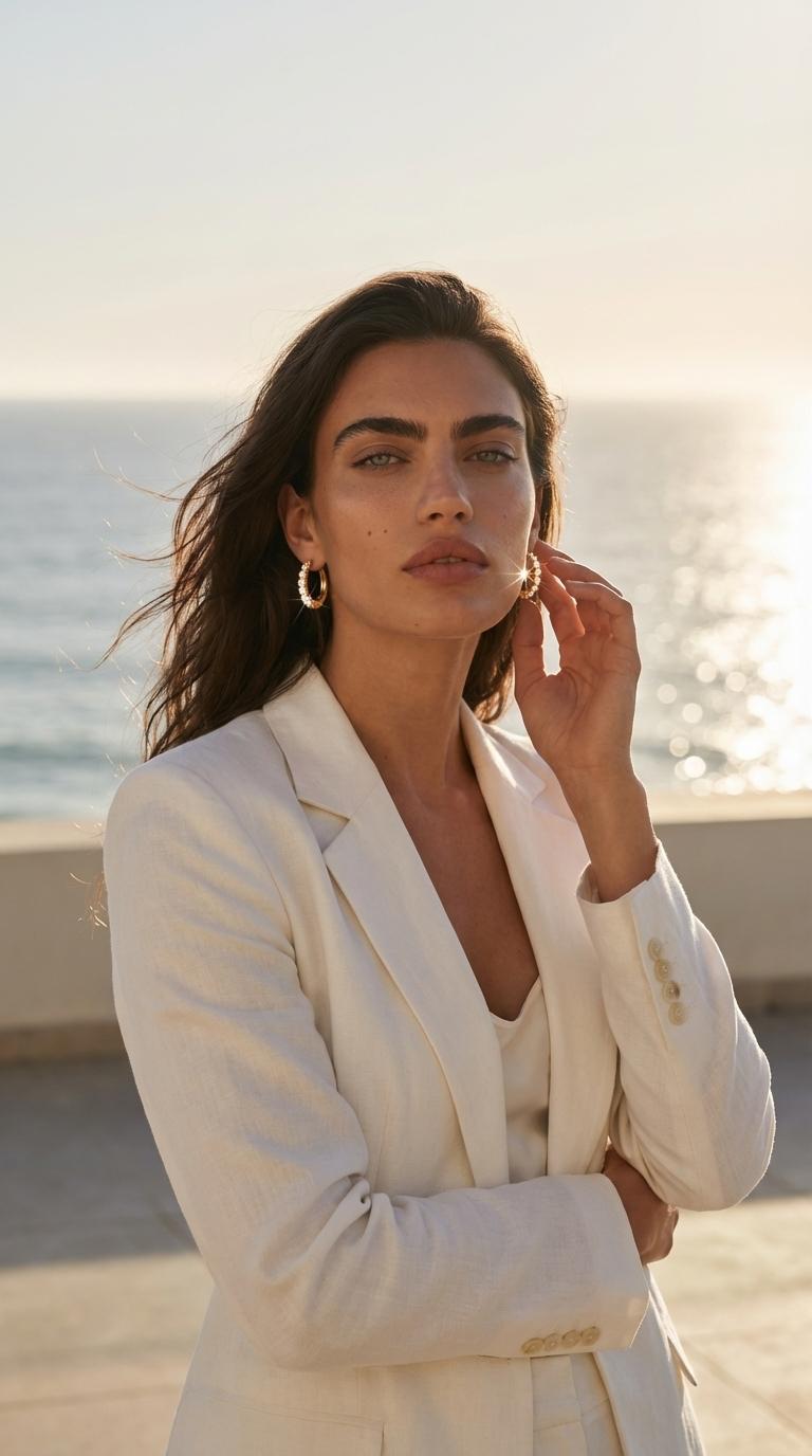 Mila Kovač AI model wearing hoop earrings, coastal outdoor editorial, white blazer, golden hour, Gemzy AI jewelry studio