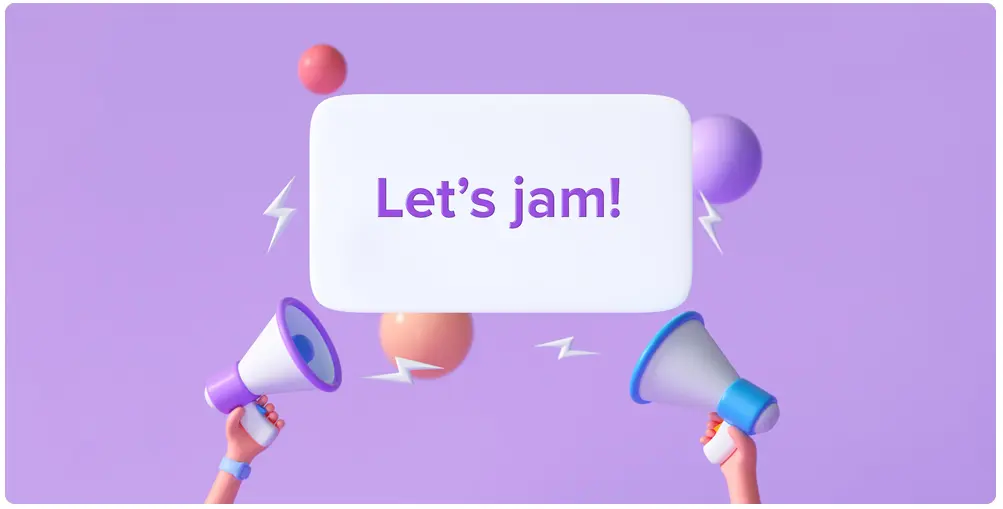 Purple background graphic with 3D speakers, ballons and celebratory assets, and a center white board with the incription "Let's Jam" boldy written on it