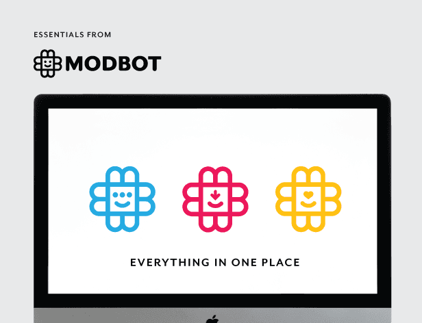 The image displays the logo for Modbot, a company that creates essentials from modular designs. The logo consists of the word "MODBOT" in lowercase letters, accompanied by a black square icon featuring four interlocking squares. Below the logo, three colorful flower icons — blue, pink, and yellow — are arranged horizontally on a white background. Beneath the icons, the phrase "EVERYTHING IN ONE PLACE" is written in black letters.