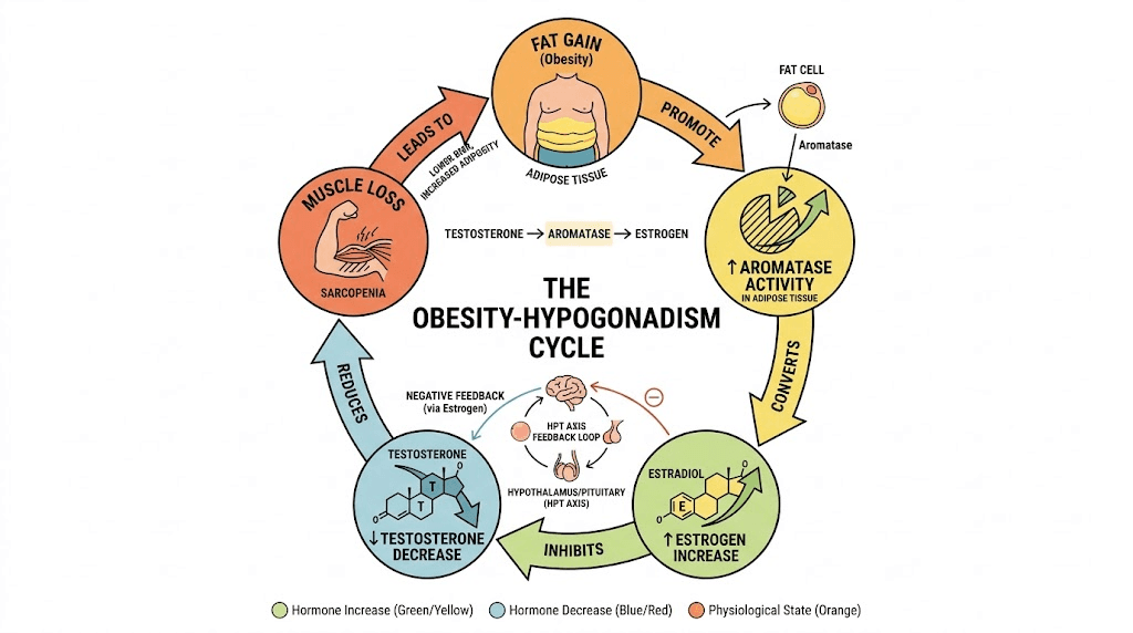 Obesity and low testosterone vicious cycle diagram showing how excess fat reduces male hormone levels