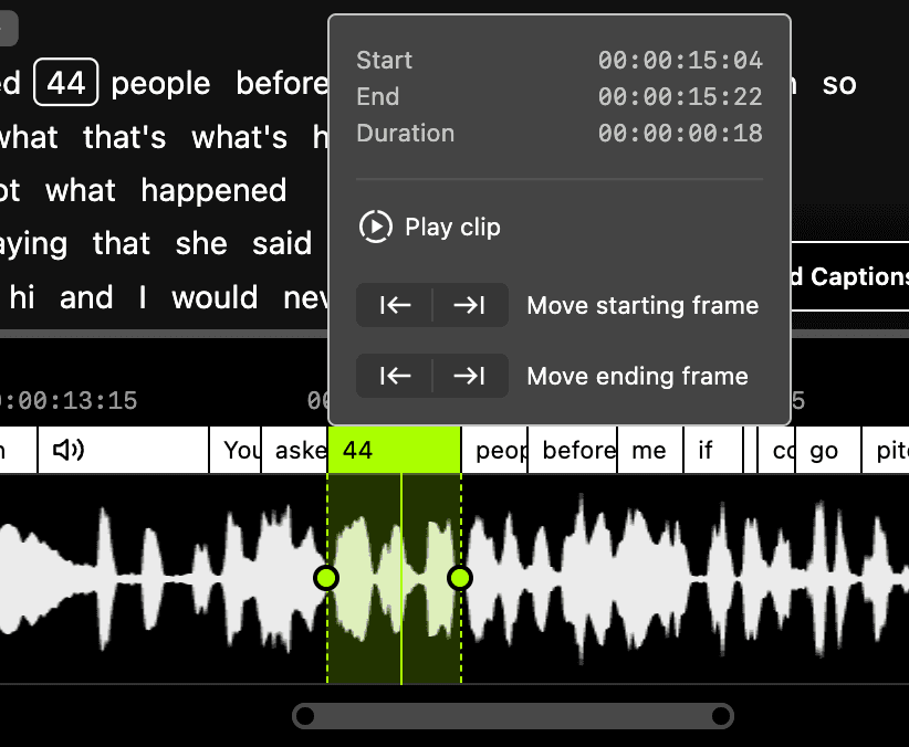 Screenshot of adjusting caption timeline in Cutback