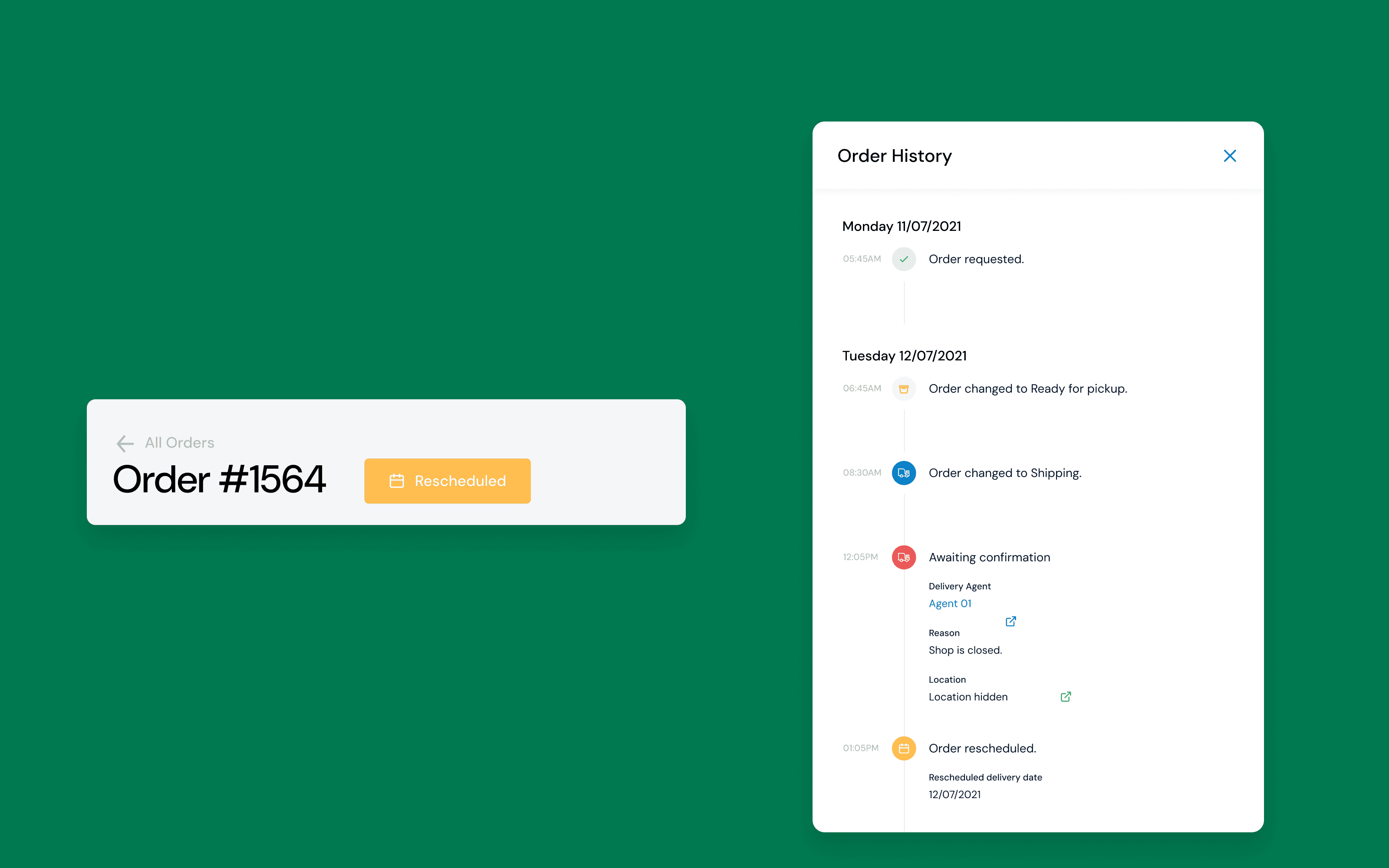 Order history timeline for a single order