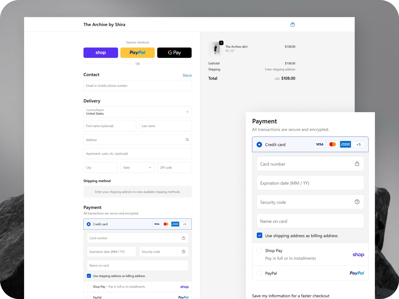 The Archive ecommerce screens showing the shopping cart, recommended products, and checkout on desktop and mobile.