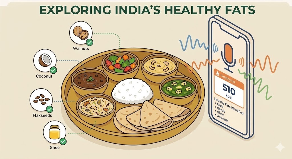 An infographic titled "EXPLORING INDIA'S HEALTHY FATS," featuring an illustration of a traditional Indian thali with various dishes, rice, and chapatis. Green dotted lines connect specific bowls in the thali to five separate circles labeling sources of healthy fats: Walnuts, Coconut, Flaxseeds, and Ghee. Next to the thali is a stylized smartphone with a voice assistant icon showing colorful sound waves. The phone screen displays text and icons reading: "healthy fat," "510 kcal," and a list of "Healthy Fats identified: Nuts, Seeds, Ghee, Avocado." The entire image has a clean, vector-based illustration style on a beige background.