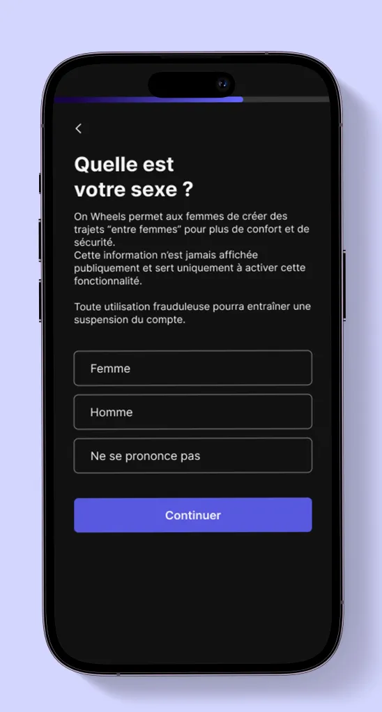 Écran de sélection du sexe sur l’application On Wheels