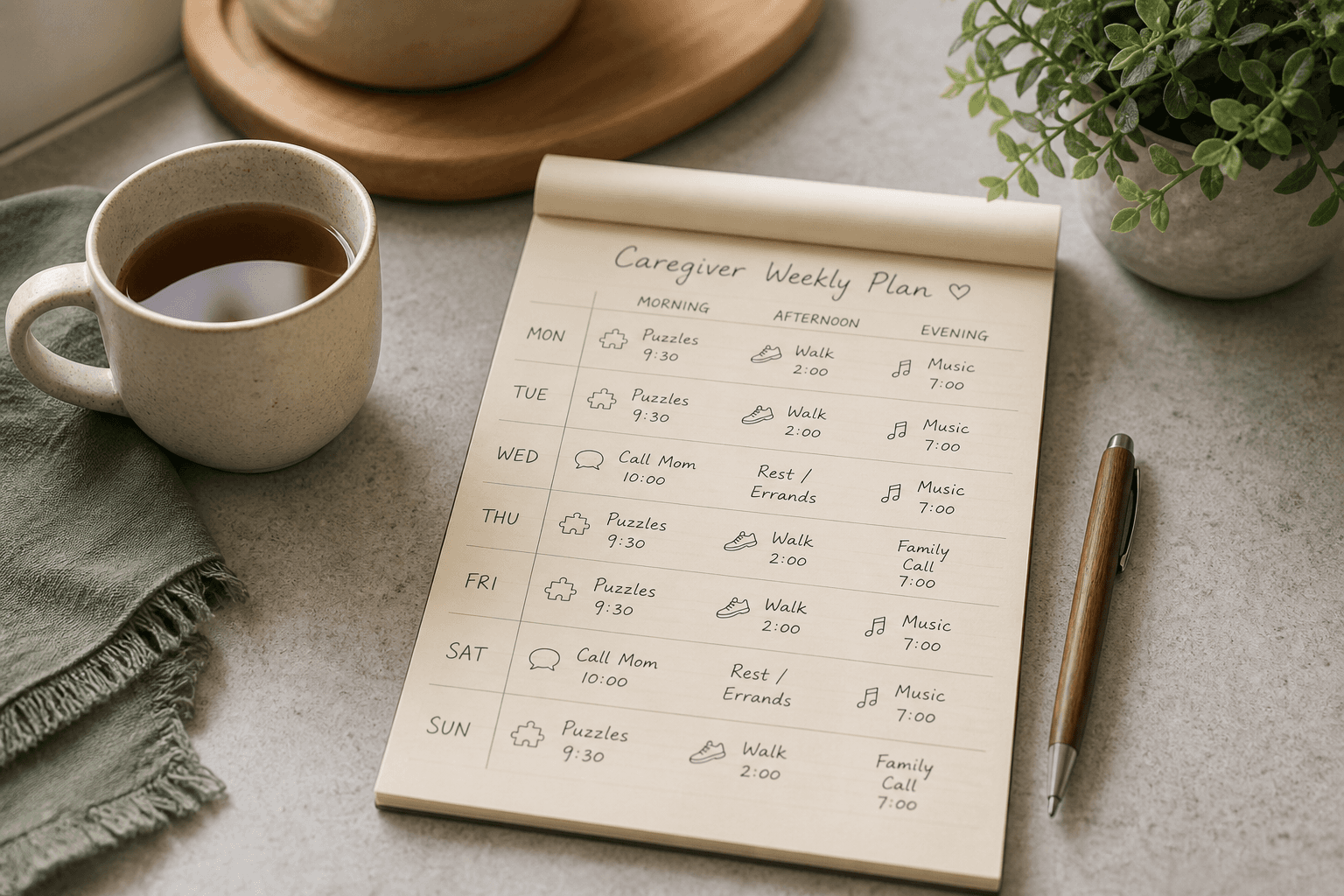 This image shows a neatly written weekly plan for a caregiver on a spiral notepad. The plan is organized by day and divided into morning, afternoon, and evening activities. Activities include puzzles, walking, calling mom, resting or errands, music, and family calls, with specific times noted. The notepad is placed on a light-colored surface next to a cup of tea on a green cloth napkin, a brown-wooden pen, and a potted plant, suggesting a calm, organized environment. This visual can be used as an example of structured caregiver scheduling and time management for seniors or dependents.