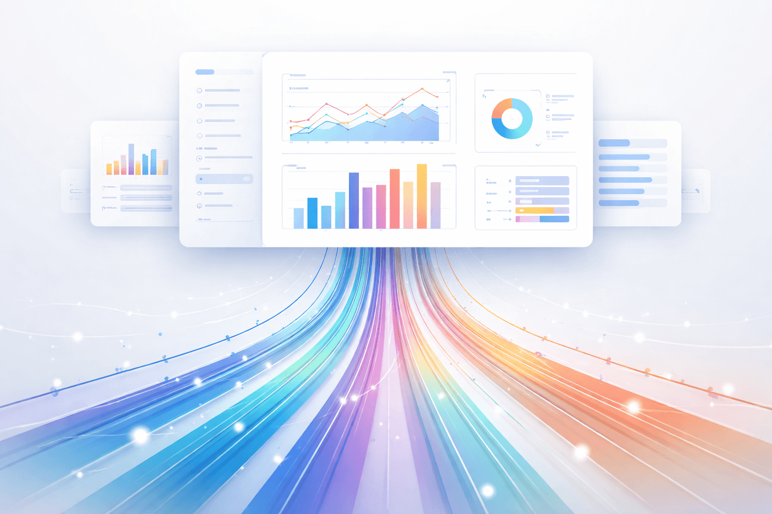 Abstract vector illustration of multidimensional data streams converging into a clean dashboard layout, early-stage product foundation metaphor, minimal enterprise style, soft gradients, no people, no branding, 16:9 aspect ratio