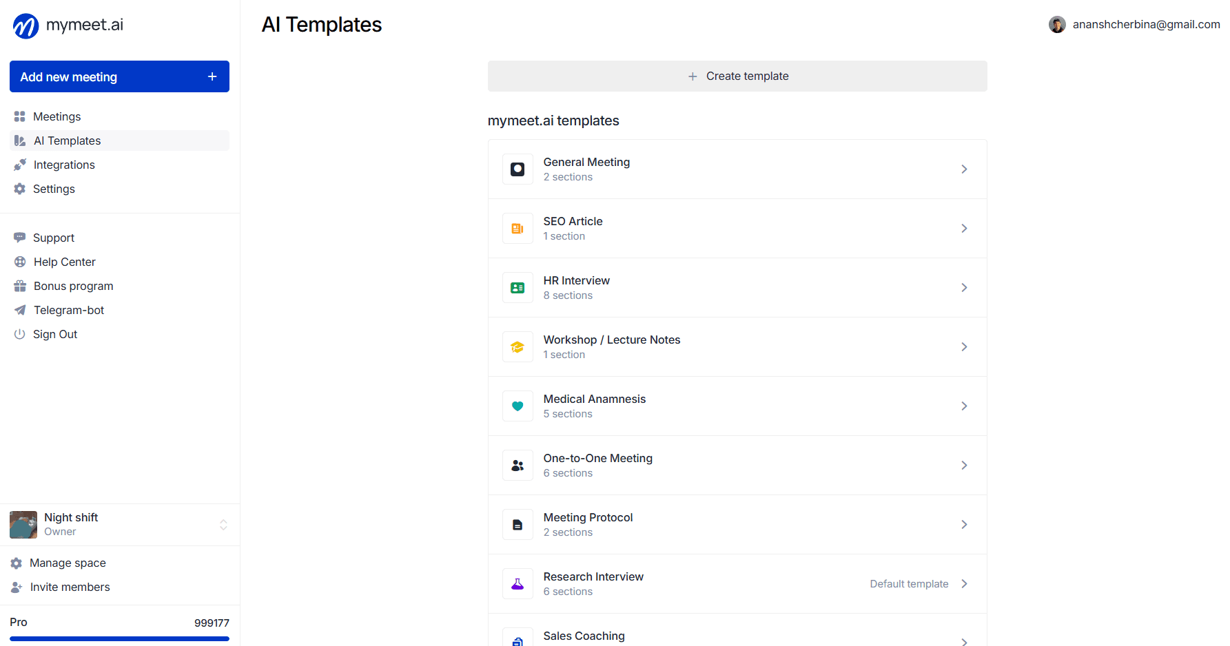 "AI Reports" page with the "Create template" button highlighted