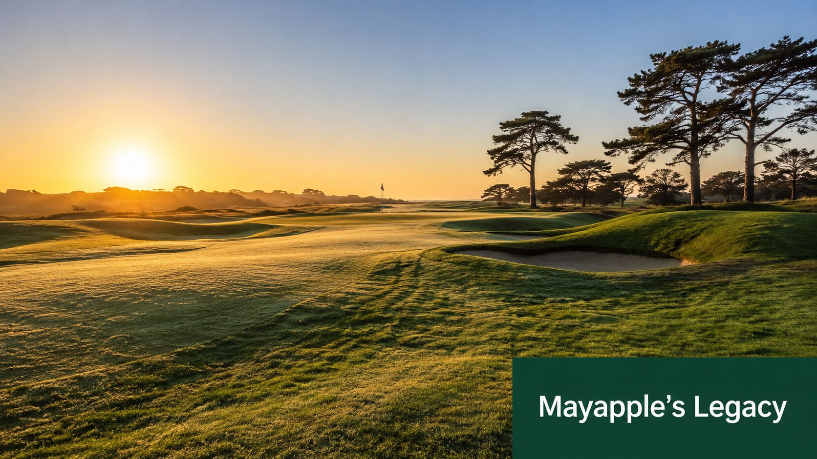 A serene golf course landscape at sunset with rolling green fairways and pine trees in the distance.