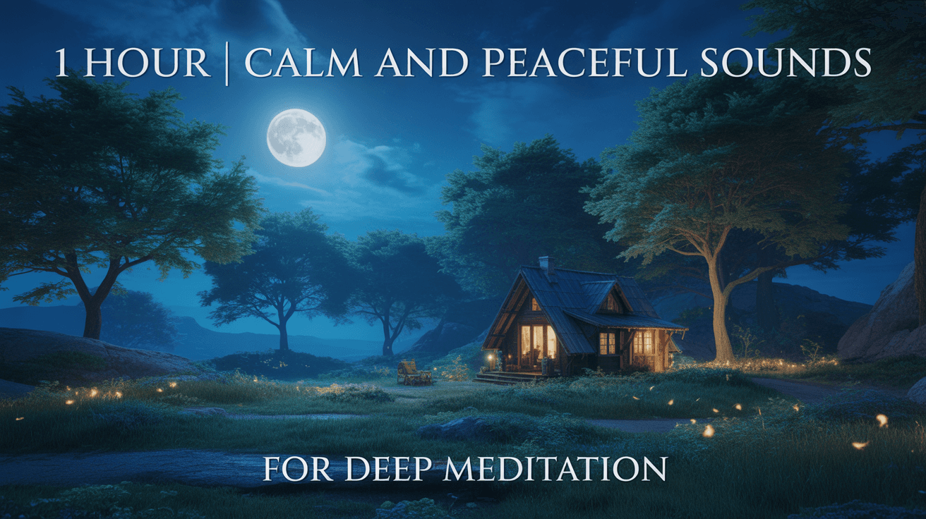Moonlit forest cabin with fireflies and Calm and Peaceful Sounds for Deep Meditation text