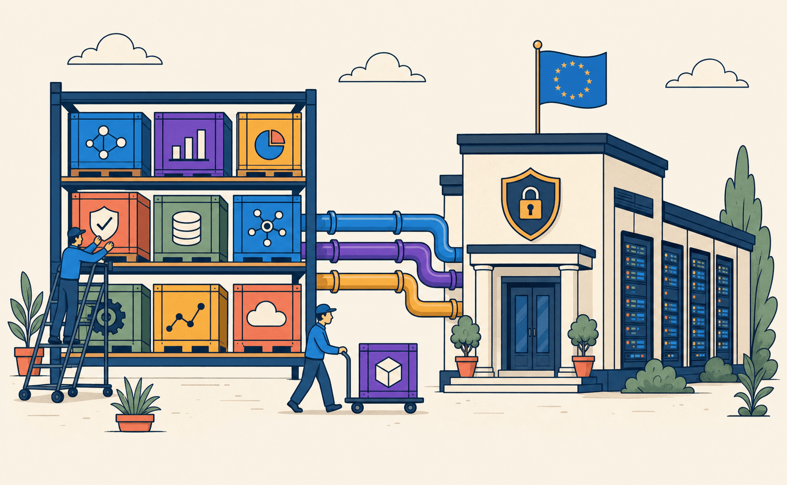 Illustration: Regal mit KI-Modell-Kisten neben europäischem Rechenzentrum