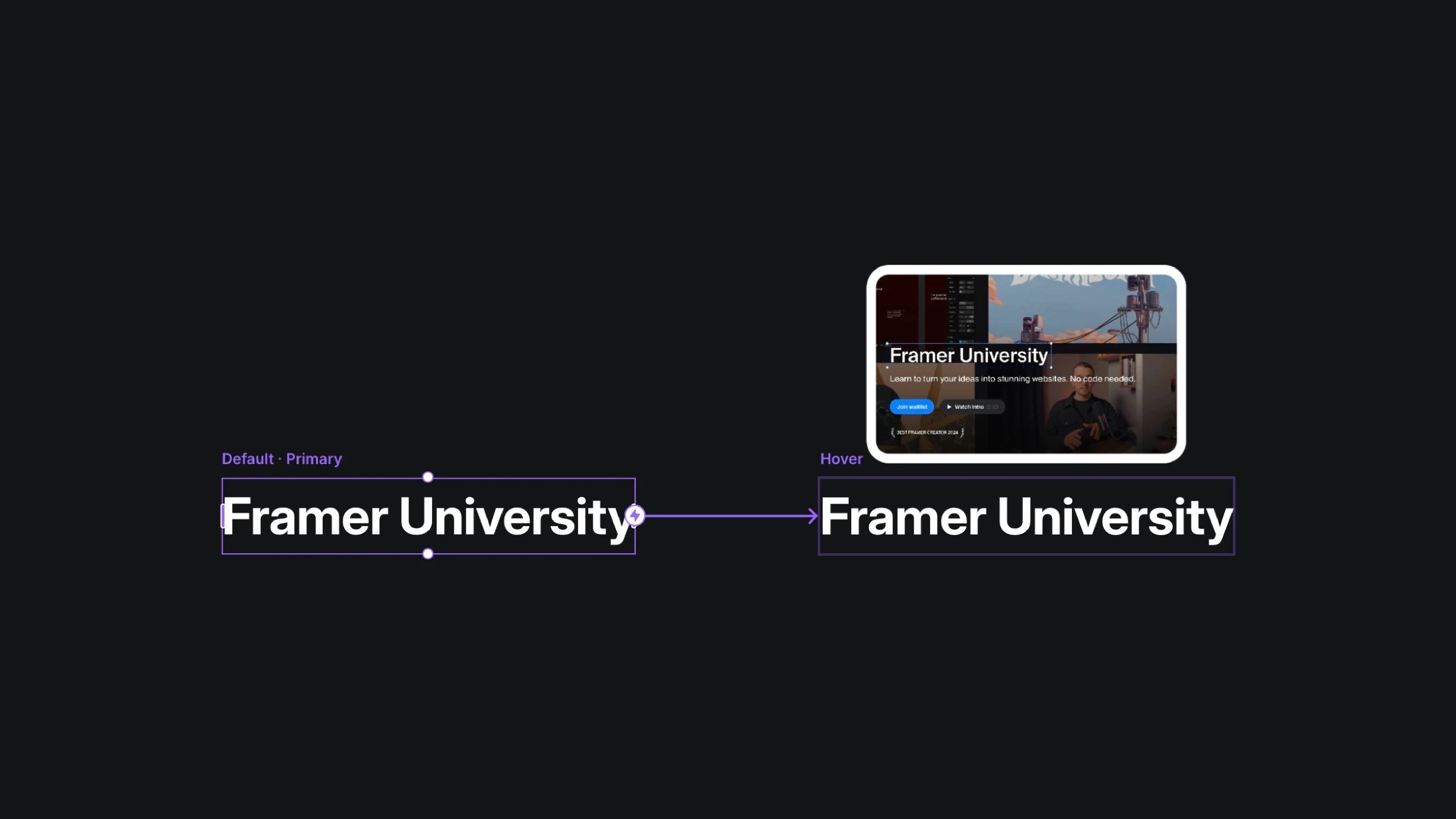 Framer University hover link with website preview tooltip