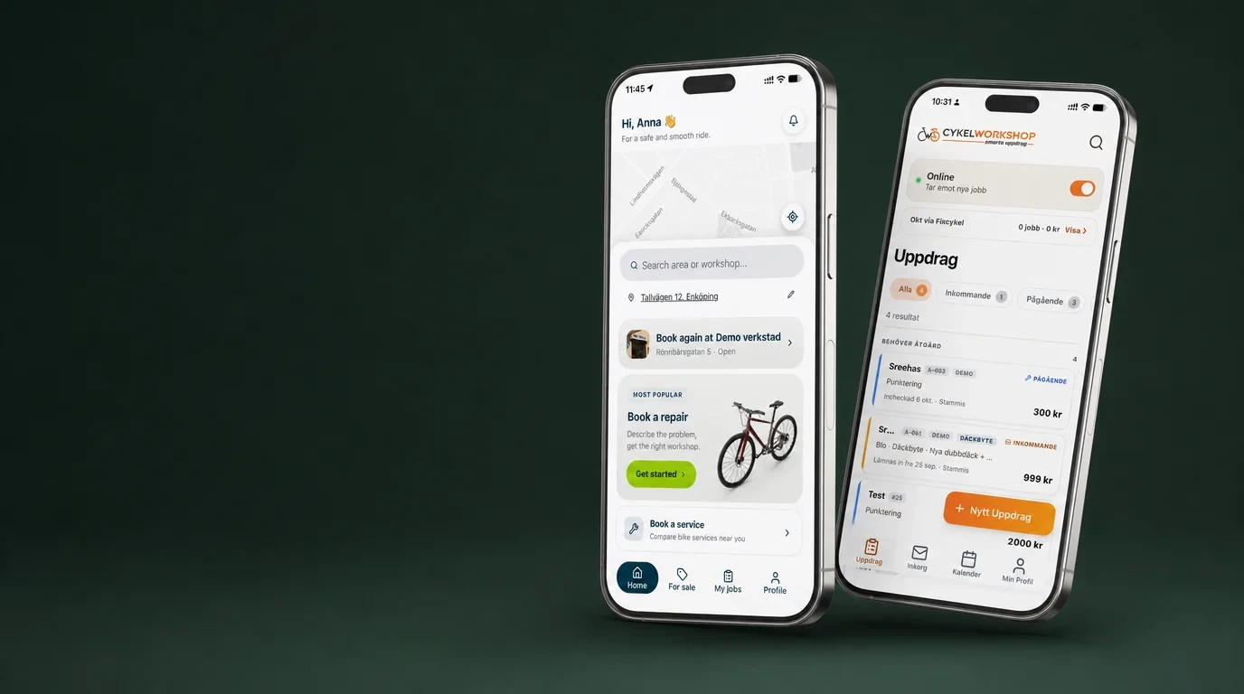 FixCykel cyclist app and Cykelworkshop mechanic app on two phones over a dark green background