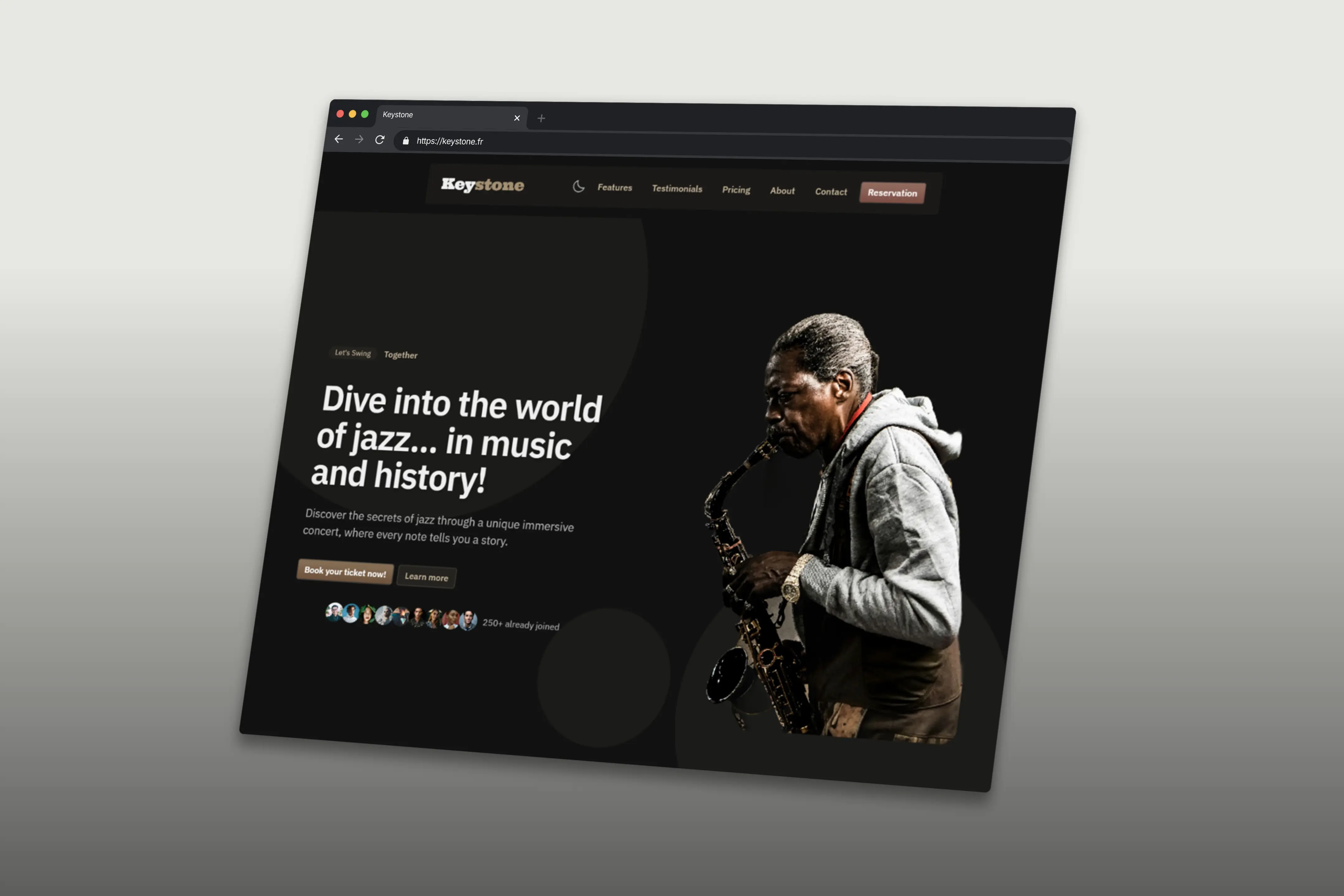 A laptop screen displays a website featuring a jazz musician passionately playing a saxophone, highlighting a related article with the headline "Dive into the world of jazz... in music and history!" on a dark-themed background.