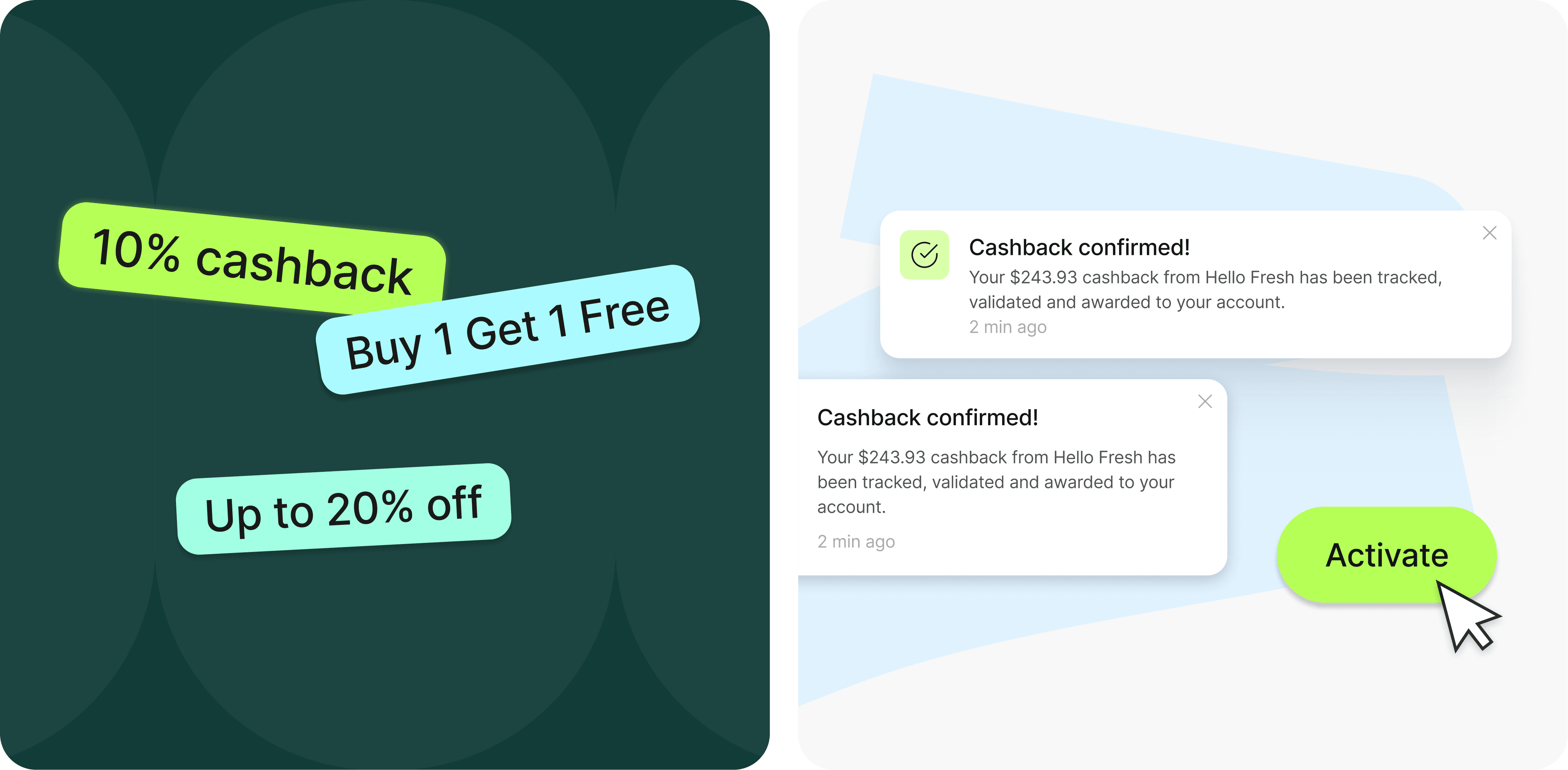 The image shows a collection of promotional tags on a dark green background, highlighting various offers available on ReloadRewards. The tags display enticing deals such as "10% cashback," "Buy 1 Get 1 Free," and "Up to 20% off," emphasizing the benefits of using the platform for shopping rewards. The vibrant colors of the tags—lime green, light blue, and mint green—contrast with the dark background, making the offers stand out and drawing the viewer’s attention to the savings opportunities.