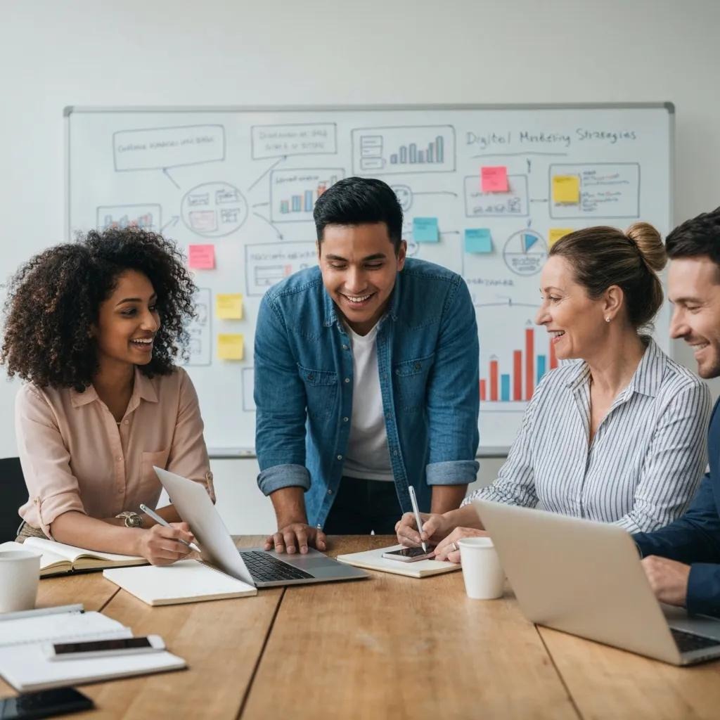 A group of marketers planning ad campaigns and reviewing performance data on a screen