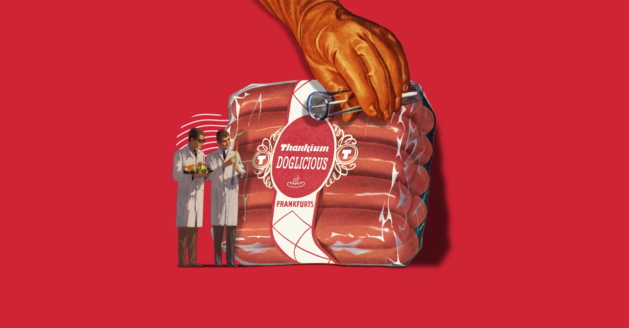 Embalaje de salchichas frankfurt, diseño retro con perro sacando y científicos observando.