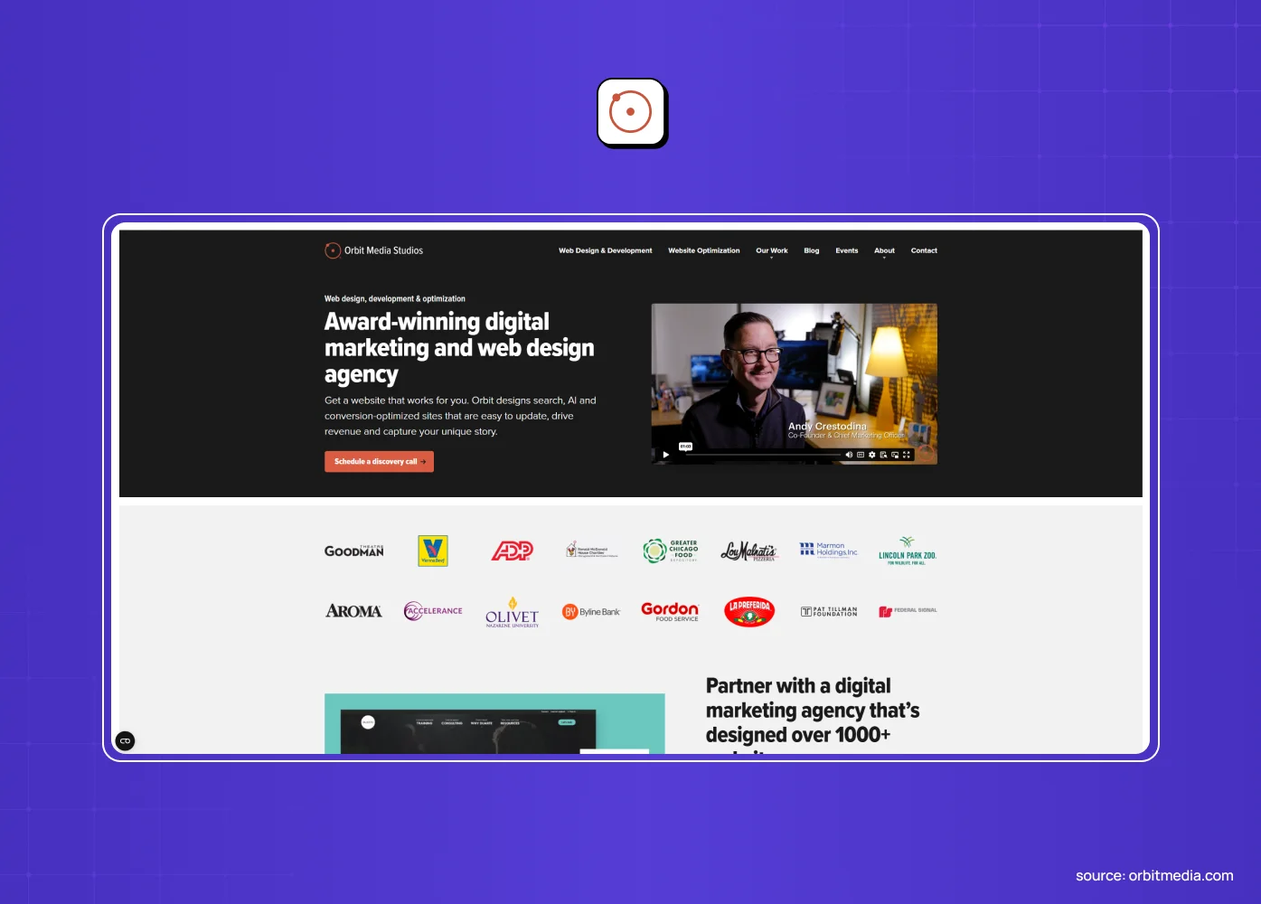 Orbit Media Studios website promoting award-winning digital marketing and web design, with a video preview and client logos.