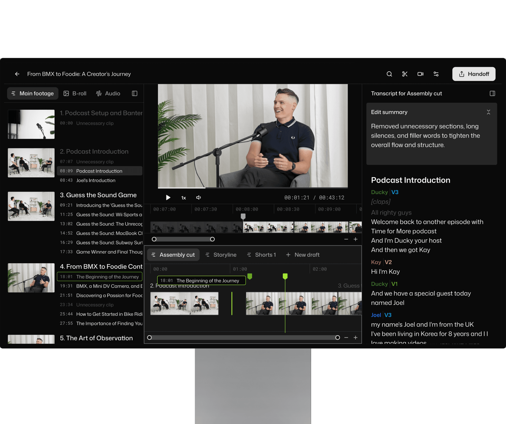 Selects by Cutback UI showcasing the video storyline creation process
